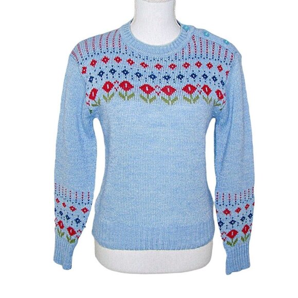 Unknown Sweaters - Vintage Y2K Womens Floral Knit Pullover Sweater Baby Blue Cuff Sleeve Warm Sz L